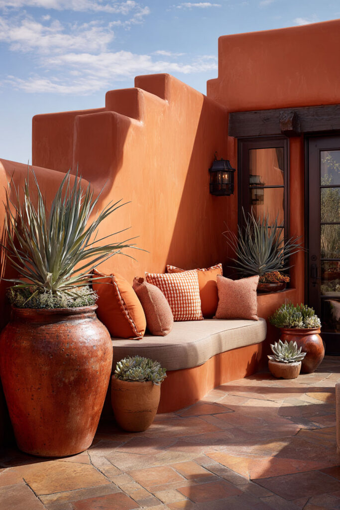 Warm desert patio with terracotta stucco walls, built-in bench, orange cushions, agave plants, and clay planters in natural sunlight.