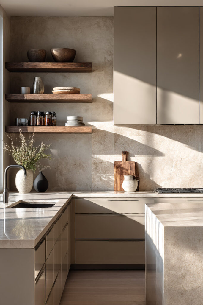 Warm neutral kitchen with taupe cabinets, stone backsplash, floating wood shelves, marble countertops, earthy ceramics, and soft natural lighting.