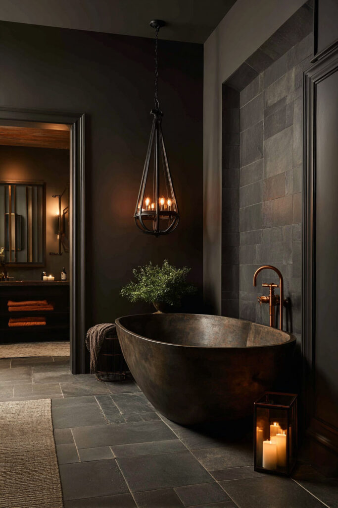 Moody bathroom with dark stone walls, bronze freestanding tub, iron chandelier, and candlelight creating a warm, dramatic atmosphere.