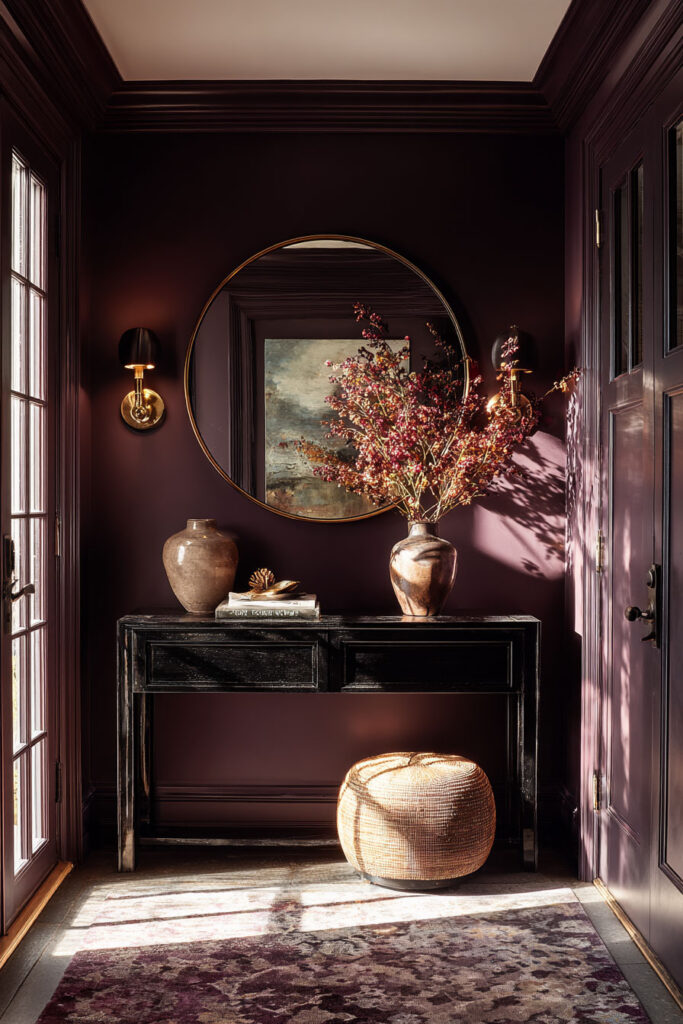 Bold moody entryway with plum walls, black console table, brass lighting, and dried floral arrangement for dramatic home decor.