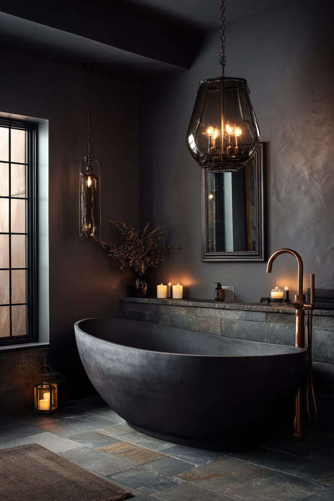Dark moody bathroom with freestanding black bathtub, copper fixtures, candles, and smoky glass pendant lights creating a dramatic color palette.
