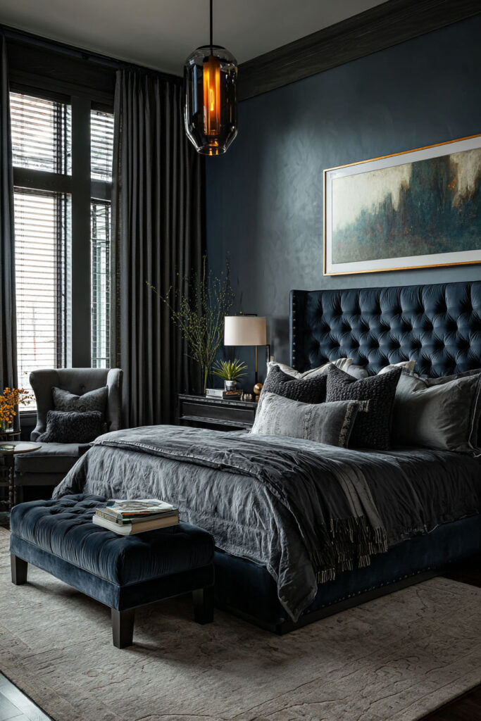 Moody navy bedroom with tufted velvet headboard, dark gray bedding, layered pillows, and warm amber lighting for a sophisticated, dramatic look.