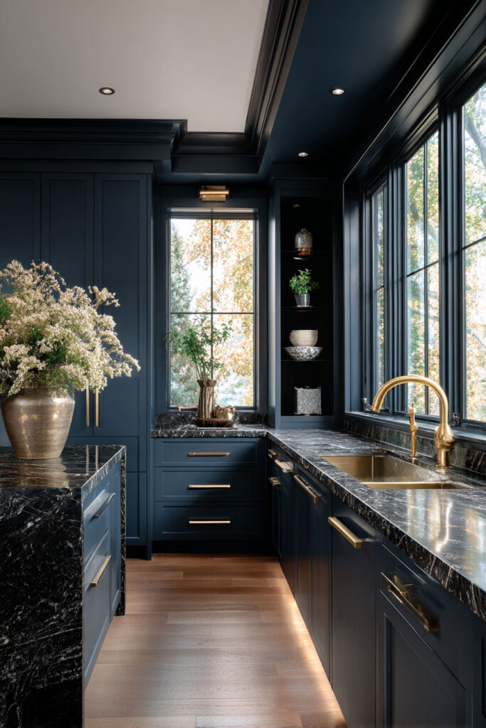 Moody navy kitchen with gold hardware, black marble countertops, wood floors, and natural light.