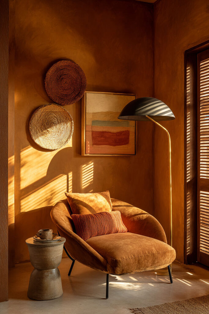 Warm desert-inspired reading nook with amber walls, velvet lounge chair, woven wall baskets, desert art, and natural sunlight.