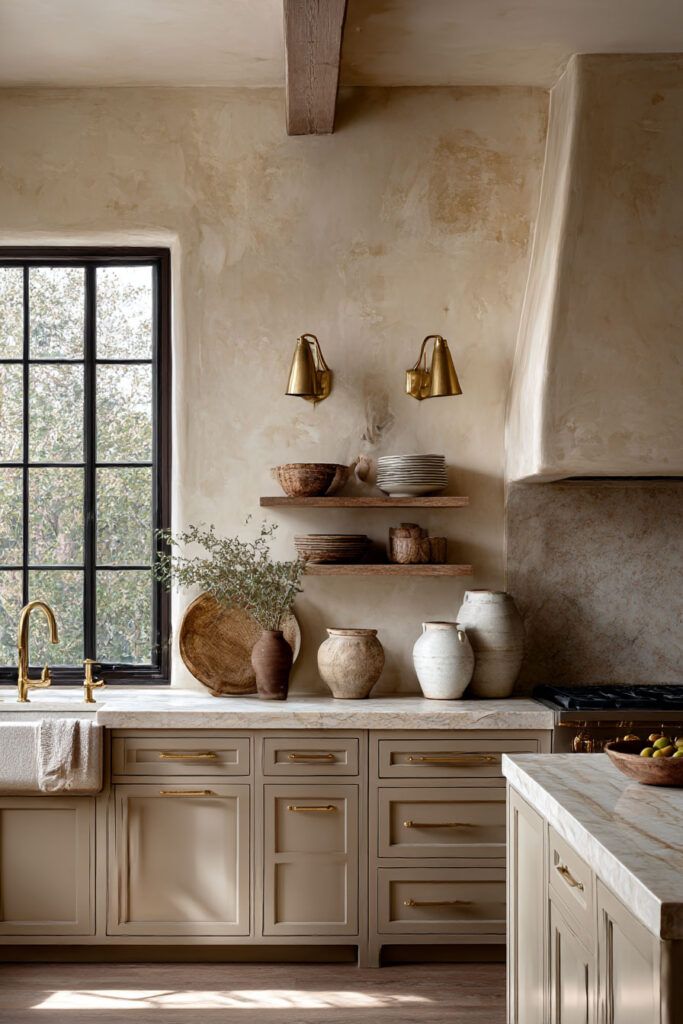 Warm neutral kitchen with plaster walls, floating wood shelves, artisanal pottery, brass sconces, beige cabinets, marble countertops, and black-framed window.