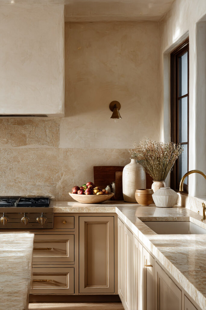 Warm neutral kitchen with plaster walls, stone countertops, brass faucet, ceramic vases, and wooden accents.