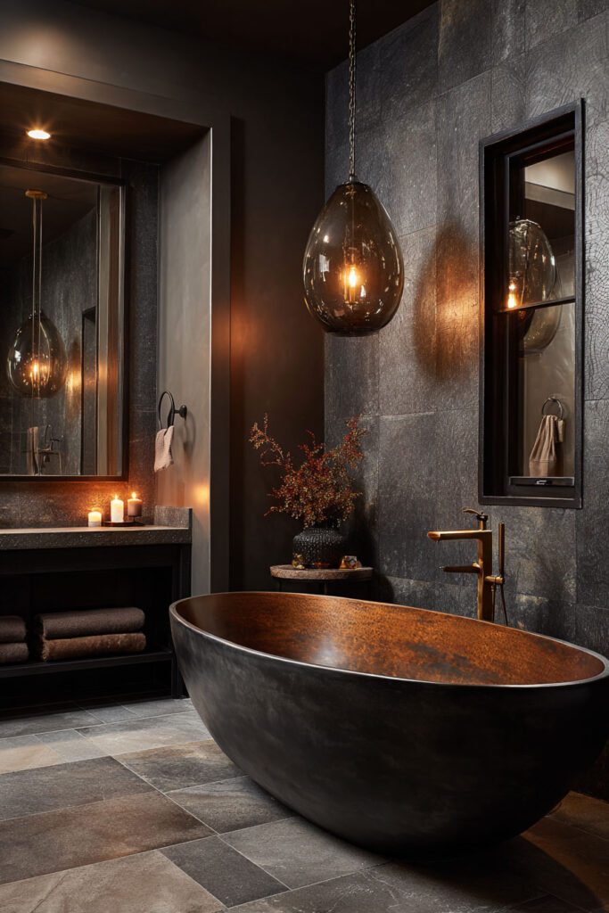 Moody charcoal bathroom with bronze freestanding tub, pendant lighting, stone tile walls, and candle accents creating a warm, luxurious feel.