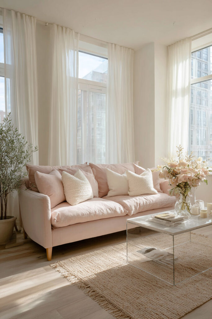 Light and airy living room with blush pink sofa, cream pillows, glass coffee table, and sheer curtains in a soft neutral color palette.