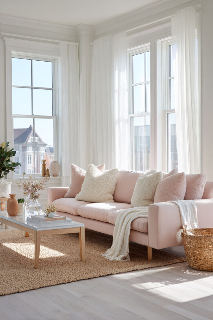 Light and airy living room with blush pink sofa, cream pillows, jute rug, and soft natural light for a cozy minimalist look.
