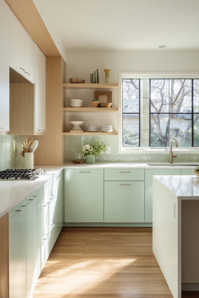 Light and airy kitchen with mint green cabinets, oak wood shelving, white countertops, and soft natural light from large windows.
