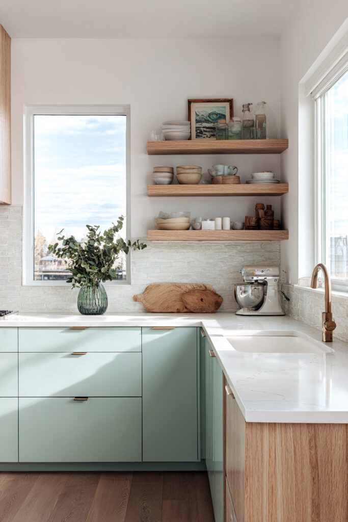Light and airy kitchen with mint green cabinets, white countertops, oak accents, and open shelving in natural sunlight.