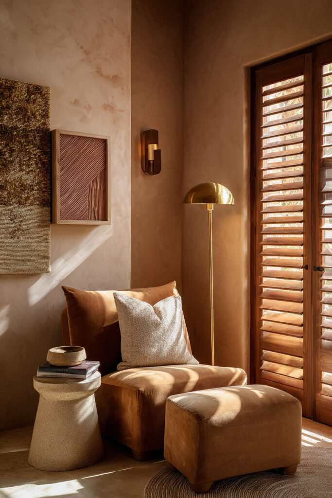 Warm desert reading corner with caramel velvet chair, ottoman, wooden shutters, brass floor lamp, and textured wall art in natural sunlight.