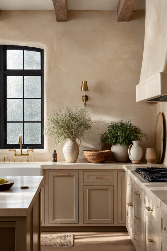 Warm neutral kitchen with plaster walls, rustic wood beams, farmhouse sink, brass faucet, marble countertops, pottery decor, and black-framed window.