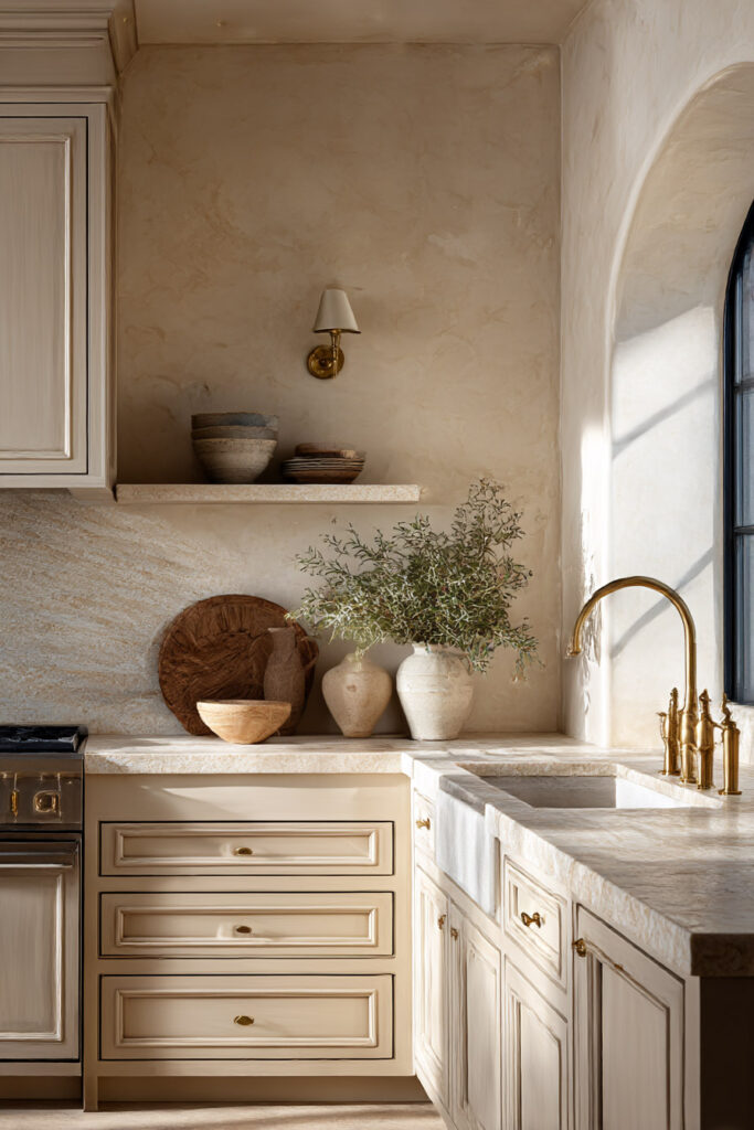 Warm neutral kitchen with plaster walls, stone countertops, brass faucet, farmhouse sink, and rustic ceramic décor.