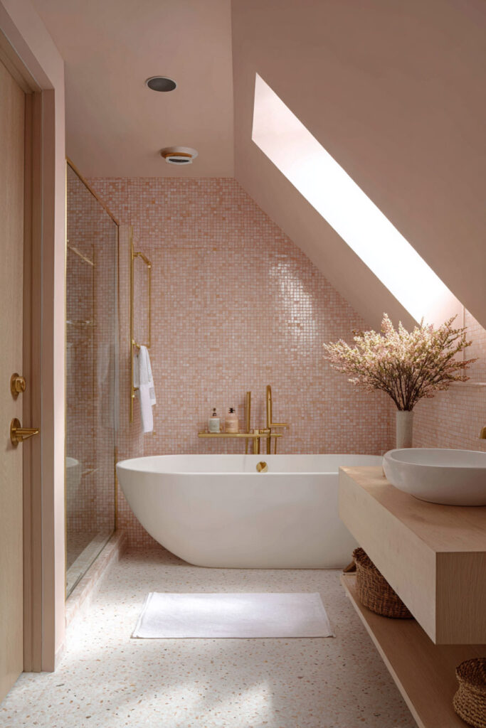 Light and airy blush bathroom with freestanding tub, pink mosaic tile walls, gold fixtures, and skylight in a soft pastel color palette.