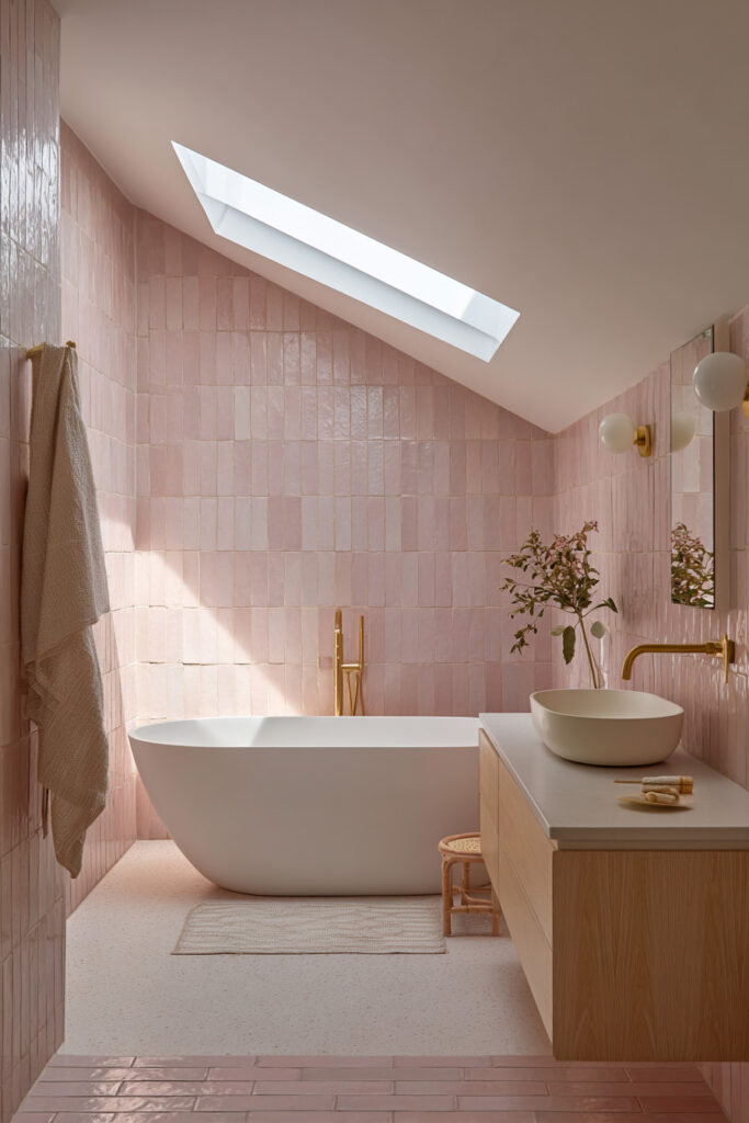 Blush pink bathroom with skylight, brass fixtures, freestanding tub, and light wood vanity in a soft, airy pastel color palette.