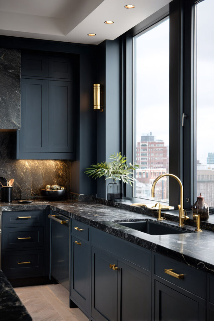 Moody kitchen with dark navy cabinets, black marble countertops, and brass fixtures highlighted by natural window light.