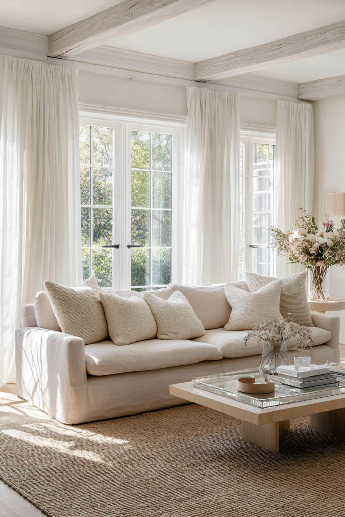 Bright neutral living room with a cream sofa, textured pillows, light wood beams, and large windows letting in abundant natural light.