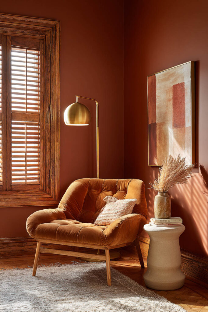 Warm desert reading nook with terracotta walls, velvet chair, brass lamp, pampas grass, and natural wood window shutters.