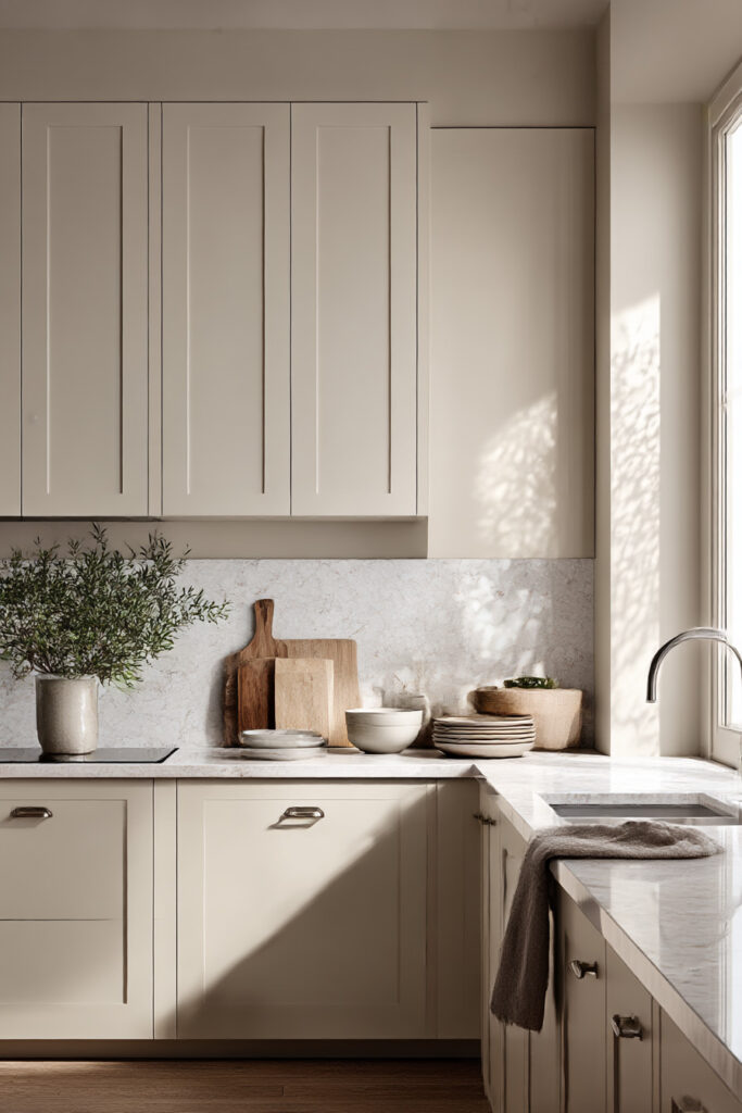 Warm neutral kitchen with minimalist cabinets, marble countertops, natural wood accents, and soft natural light.