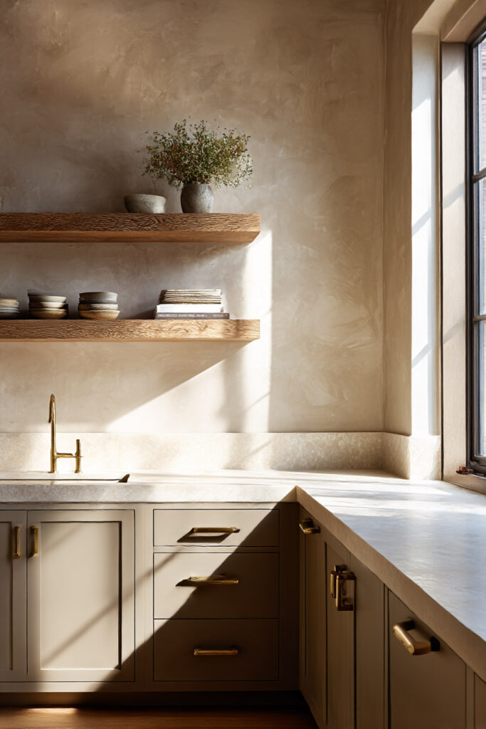 Warm neutral kitchen with plaster walls, taupe cabinets, oak floating shelves, brass faucet, ceramic decor, and sunlit countertops.