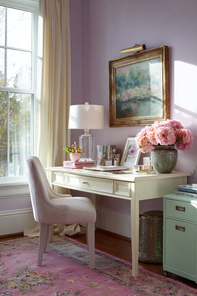 Feminine home office with lavender walls, ivory desk, pink flowers, and gold accents in a soft pastel color palette.