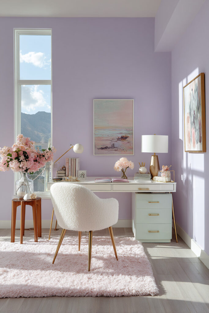 Bright lavender home office with a white boucle chair, gold accents, pink flowers, and pastel artwork creating a soft, uplifting workspace.