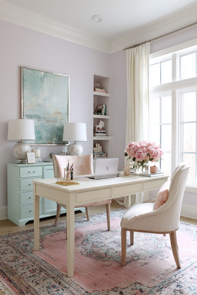 Light pastel home office with lavender walls, blush rug, ivory desk, and mint green cabinet in natural sunlight.