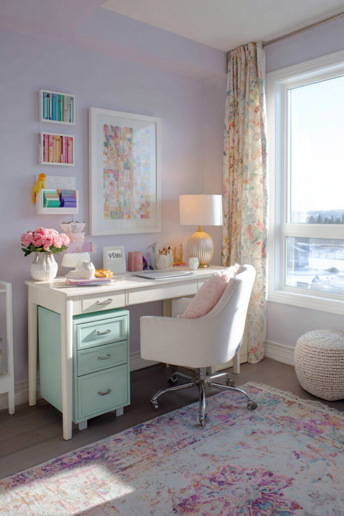 Pastel home office with lilac walls, mint desk, blush pink decor, and floral curtains in a bright, light-filled space.