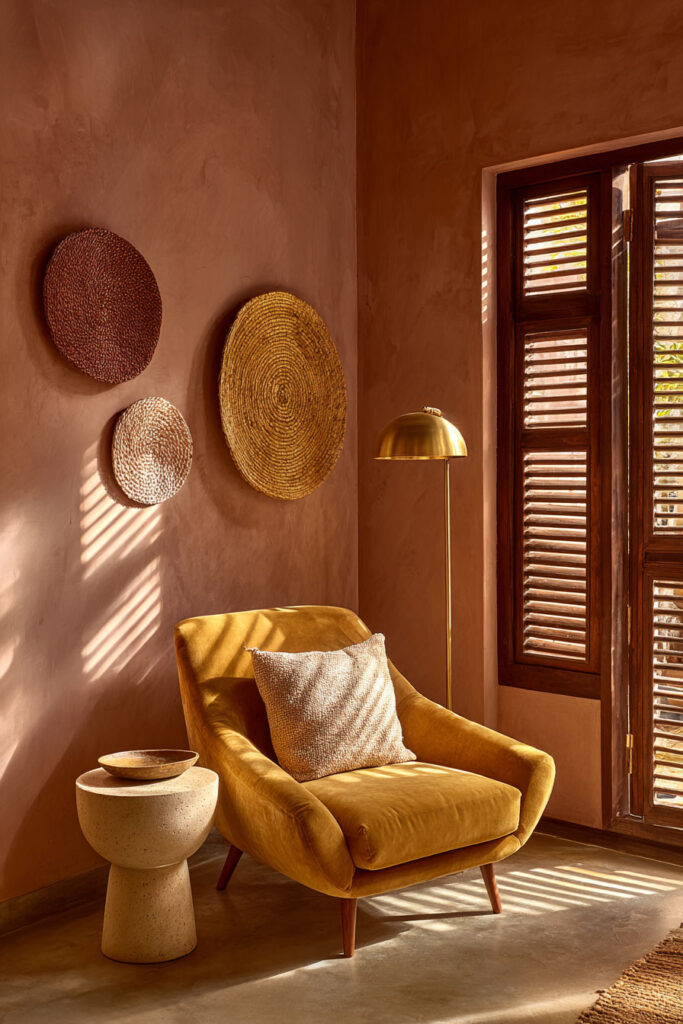 Warm desert-inspired reading nook with blush plaster walls, mustard velvet chair, woven wall baskets, brass lamp, and natural light.