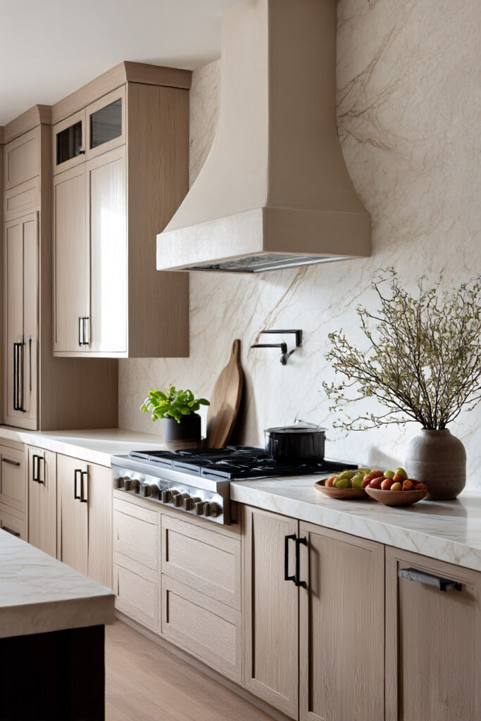 Warm neutral kitchen with light wood cabinets, marble backsplash, plaster range hood, black hardware, marble countertops, and minimalist natural decor.