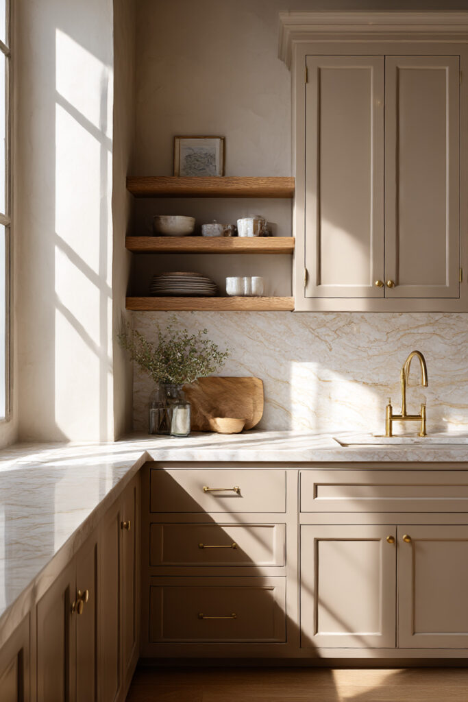 Warm neutral kitchen with taupe cabinets, brass hardware, oak open shelves, ceramic décor, and sunlit marble countertops.