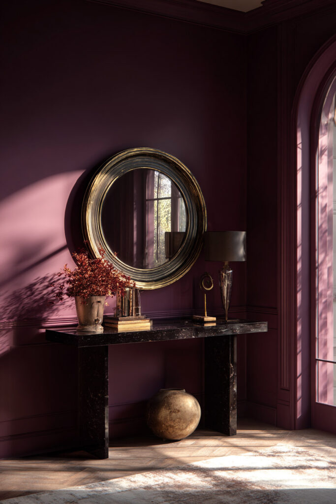 Deep plum entryway with gold mirror, black marble console, and moody lighting creating an elegant, dramatic interior style.