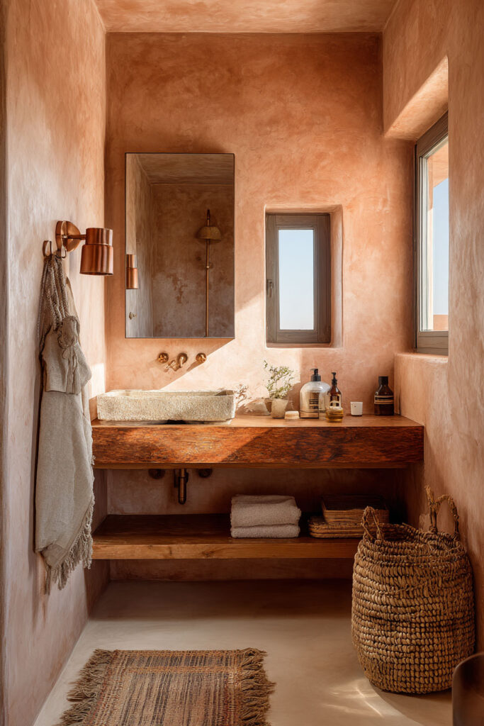 Warm terracotta bathroom with plaster walls, stone sink, brass fixtures, and woven baskets in natural sunlight.