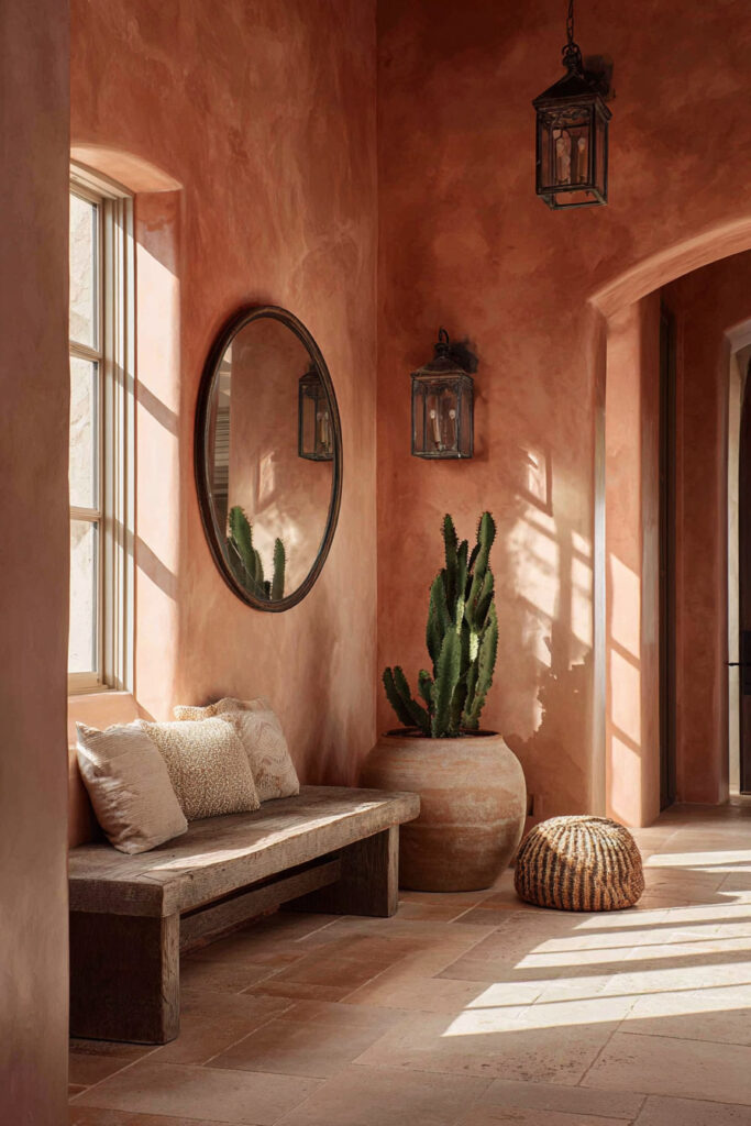 Warm terracotta hallway with rustic wood bench, cactus in clay pot, arched doorway, and iron lanterns in natural desert color palette.