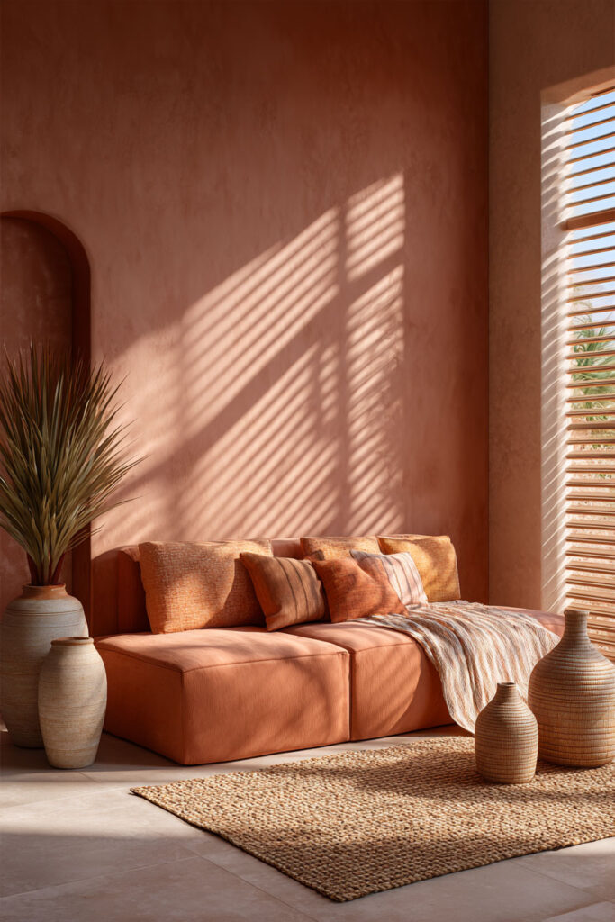 Terracotta-toned living room with a low sofa, woven rug, clay vases, and warm sunlight streaming through wooden blinds.