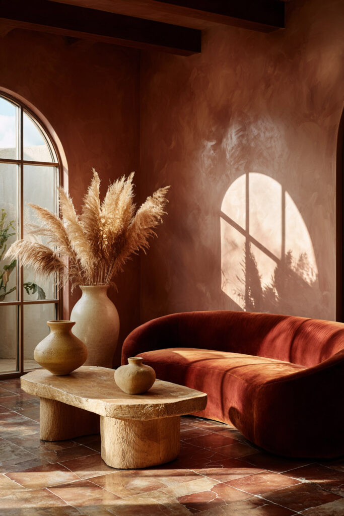 Warm desert-inspired living room with rust velvet sofa, clay walls, pampas grass, and stone coffee table in natural sunlight.
