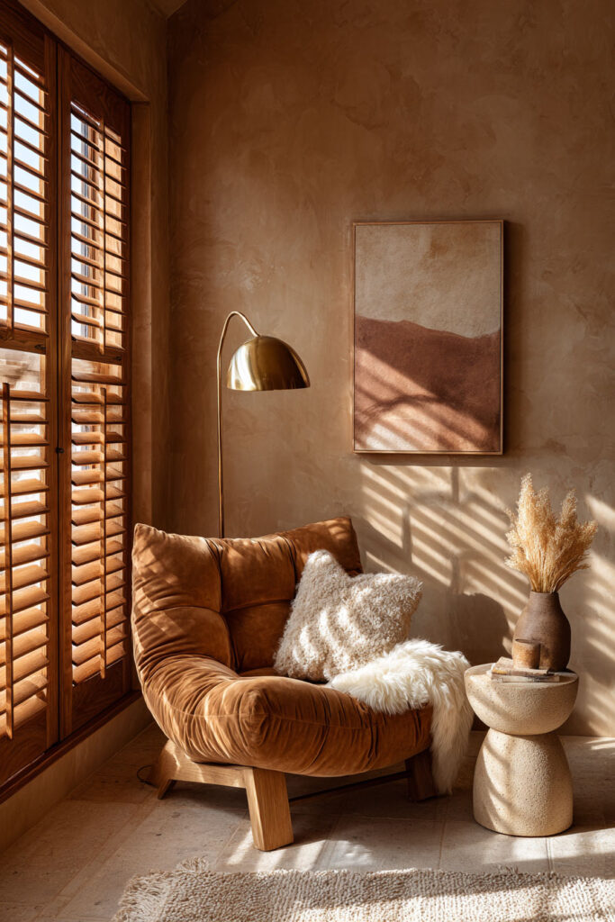 Warm desert-inspired reading nook with clay-toned walls, caramel lounge chair, pampas grass, textured artwork, and natural wood shutters.