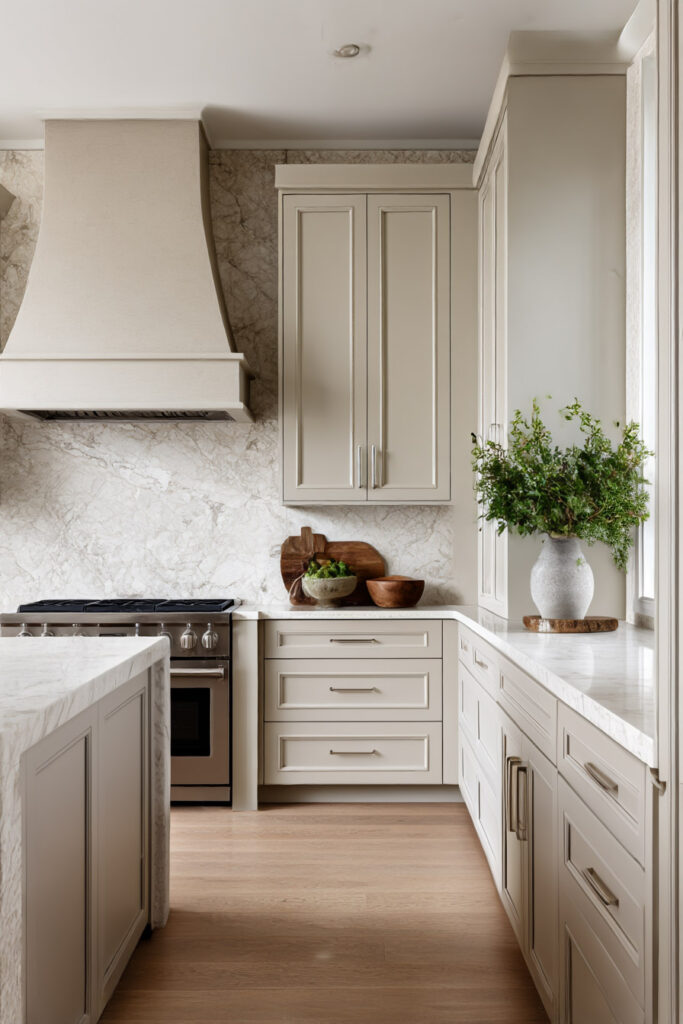 Warm neutral kitchen with creamy cabinets, marble countertops, marble backsplash, plaster hood, and natural wood accents.