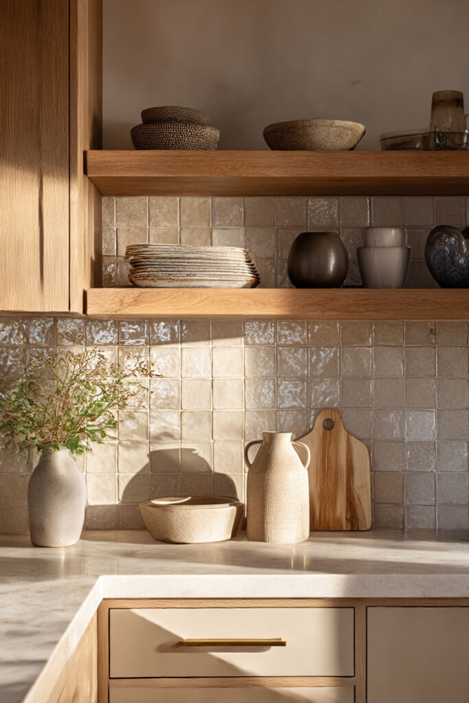 Warm neutral kitchen with zellige tile backsplash, oak floating shelves, handmade ceramics, pottery decor, and sunlit stone countertops.