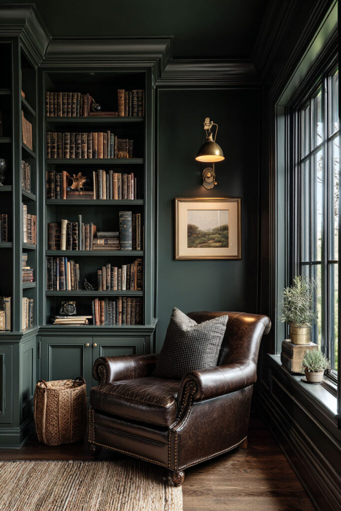 Moody home library with dark green built-in bookshelves, leather armchair, brass sconce, and natural light for a cozy, classic feel.