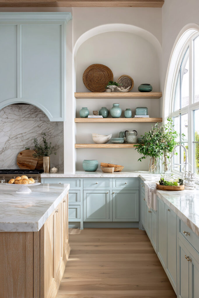 Coastal-inspired kitchen with soft blue cabinets, marble countertops, open wood shelves, and arched windows letting in natural light.