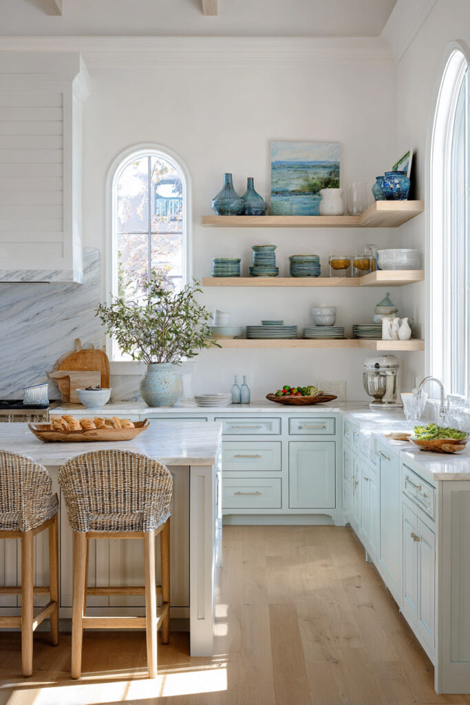Coastal kitchen with light blue cabinets, open wood shelves, marble backsplash, and ocean-inspired decor in a soft coastal color palette.