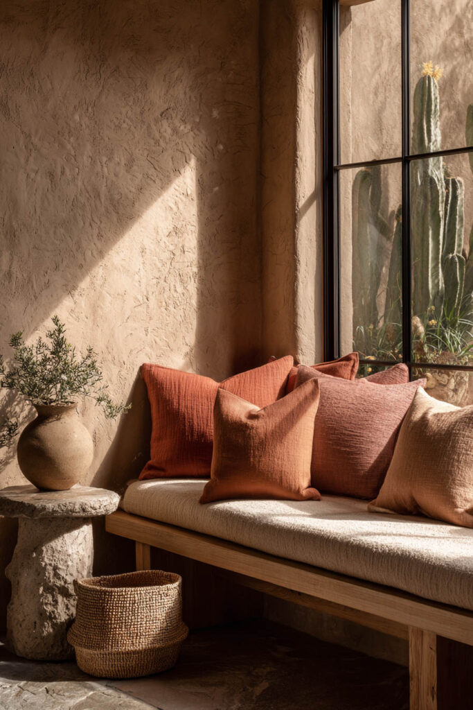 Desert-inspired seating nook with terracotta pillows, clay-textured walls, and natural stone details in warm sunlight.