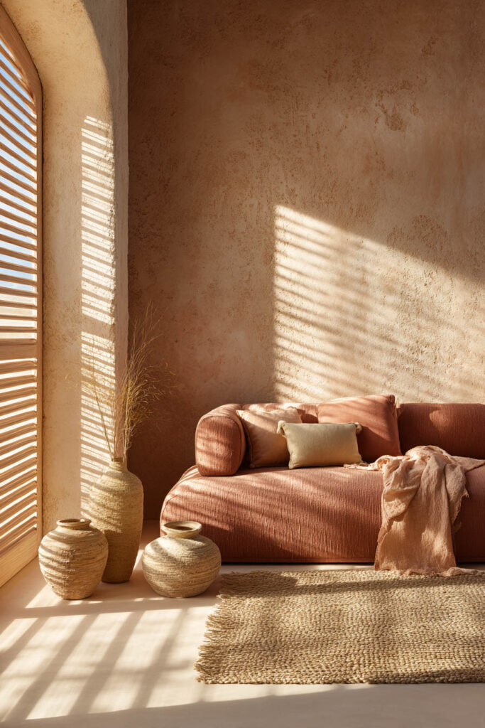 Warm desert living room with clay-toned sofa, woven vases, jute rug, arched window with wood slat light, and textured plaster walls.