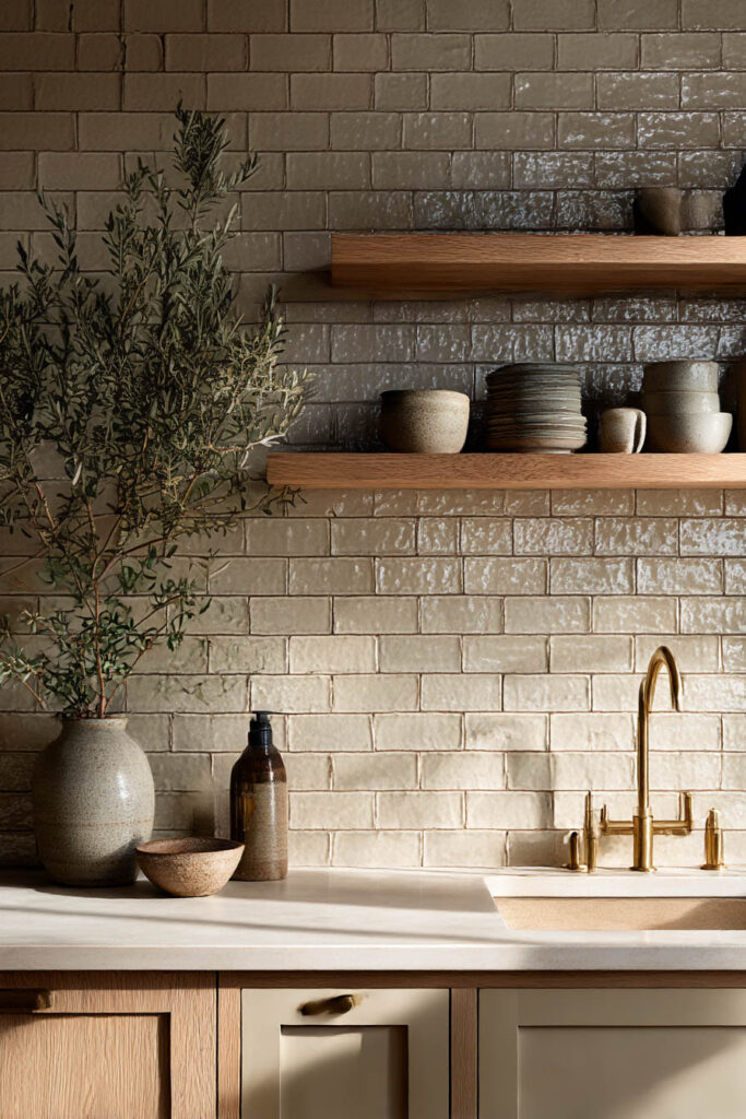 Warm neutral kitchen with glossy handmade subway tile backsplash, oak floating shelves, brass faucet, ceramic decor, and natural light.