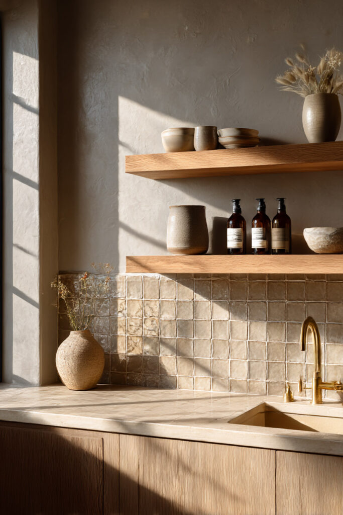 Warm neutral kitchen with zellige tile backsplash, oak cabinets, open shelves, ceramic décor, and brass faucet.