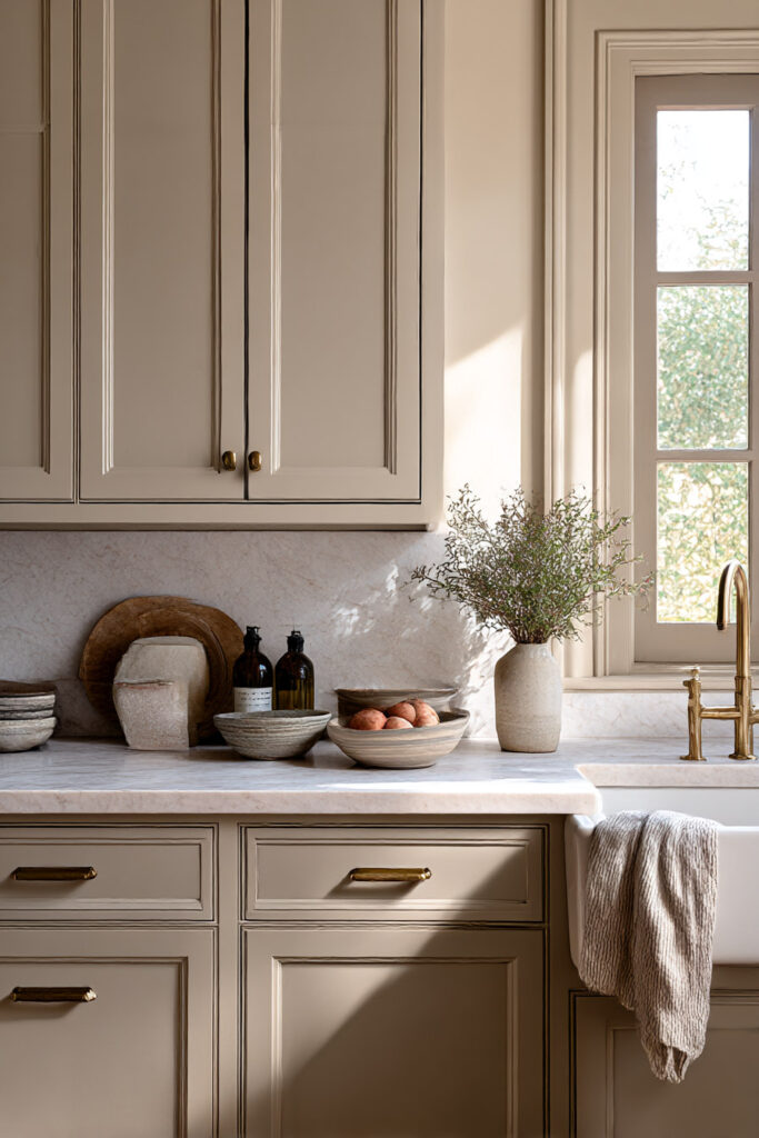 Warm neutral kitchen with creamy cabinets, marble countertops, brass faucet, ceramic bowls, and natural wood accents.