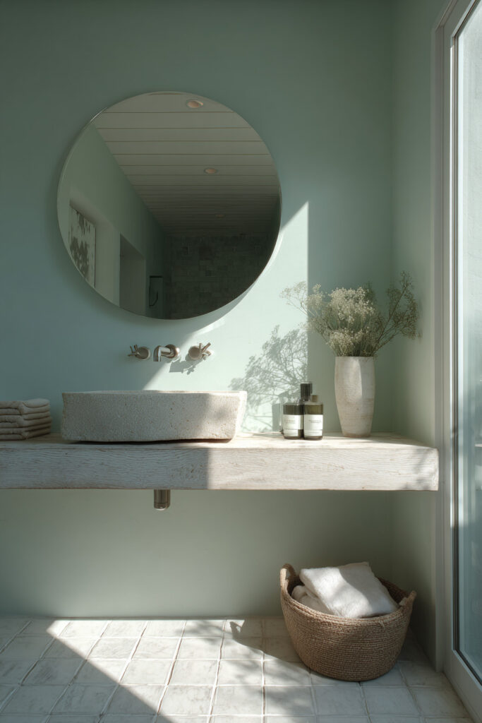 Coastal bathroom with seafoam green walls, stone sink, light wood vanity, and woven basket in a soft blue-green color palette.