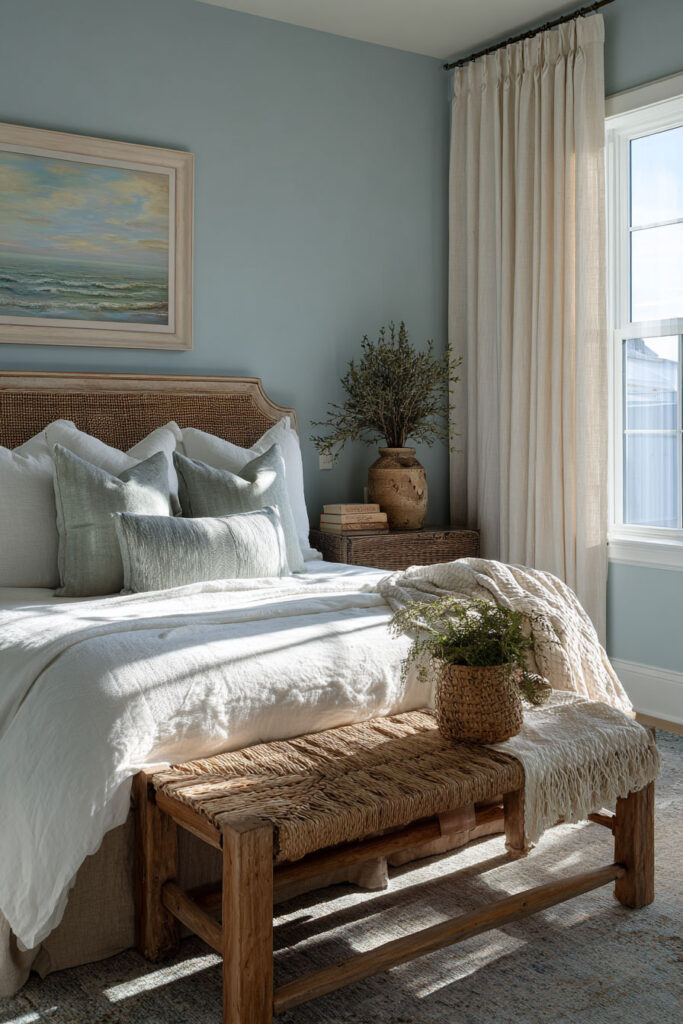 Coastal-style bedroom with light blue walls, rattan headboard, linen bedding, woven bench, and natural sunlight filtering through sheer curtains.